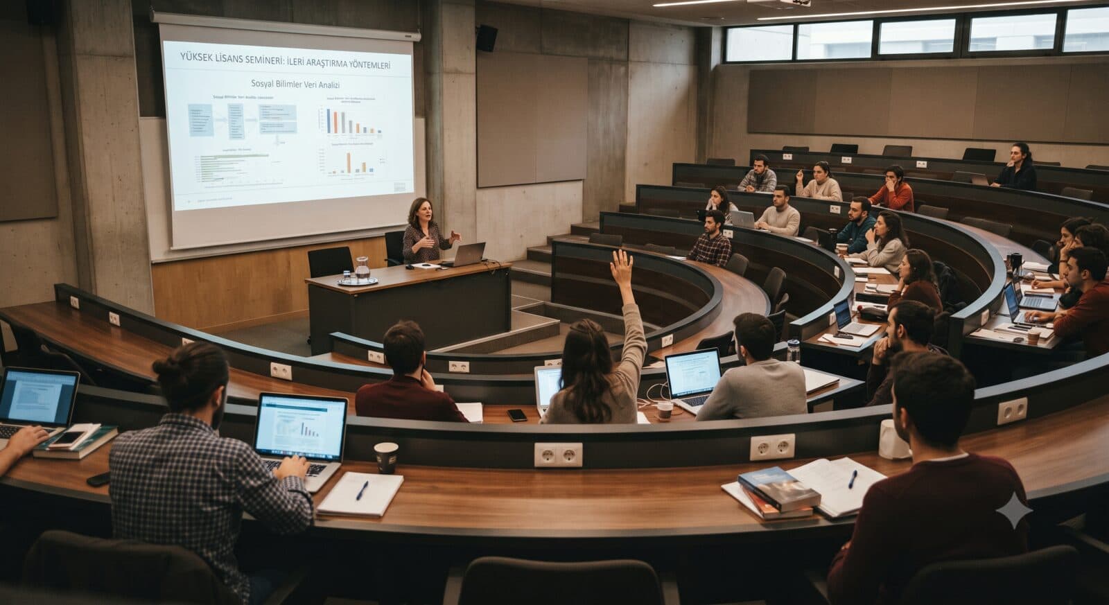 Yüksek lisans seminerinde ileri araştırma yöntemlerini tartışan öğrenciler